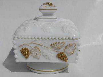 catalog photo of hand-painted gold beaded grape square milk glass box, vintage Westmoreland