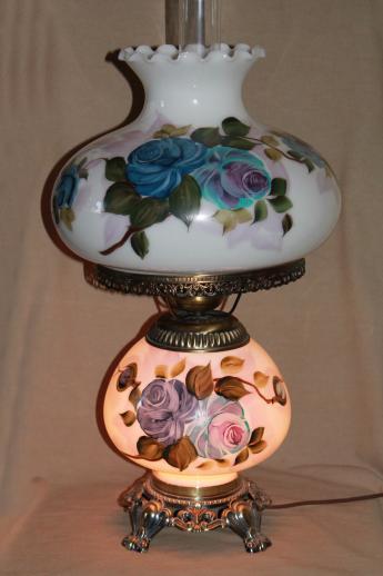 photo of hand-painted milk glass gone with the wind lamp, vintage Quoziel hurricane lamp #3