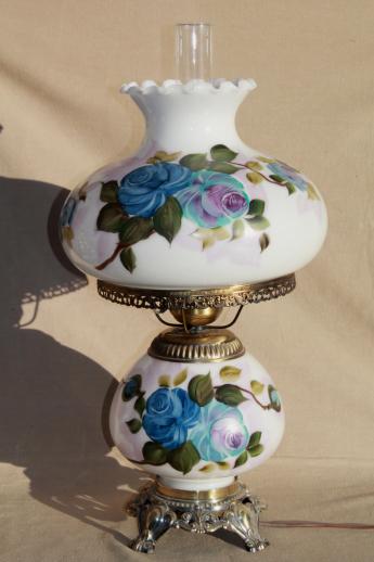 photo of hand-painted milk glass gone with the wind lamp, vintage Quoziel hurricane lamp #4