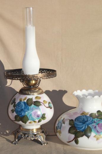 photo of hand-painted milk glass gone with the wind lamp, vintage Quoziel hurricane lamp #5