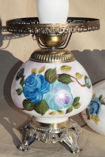 photo of hand-painted milk glass gone with the wind lamp, vintage Quoziel hurricane lamp #6