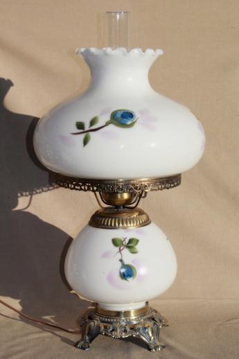 photo of hand-painted milk glass gone with the wind lamp, vintage Quoziel hurricane lamp #8