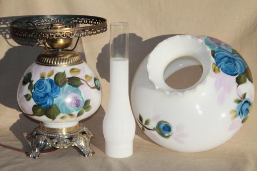 photo of hand-painted milk glass gone with the wind lamp, vintage Quoziel hurricane lamp #9