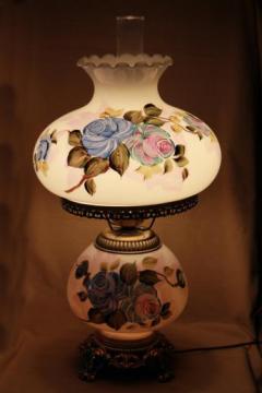 catalog photo of hand-painted milk glass gone with the wind lamp, vintage Quoziel hurricane lamp