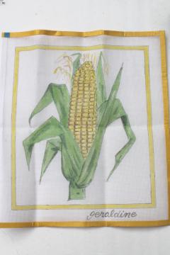 catalog photo of hand-painted needlepoint canvas, ear of sweet corn or farm field corn