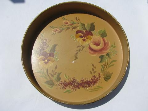 photo of hand-painted pansies, small vintage tole metal tray w/ old paint #1