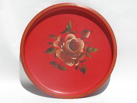 photo of hand-painted rose on barn red, vintage small round tole tray, tip tray #1