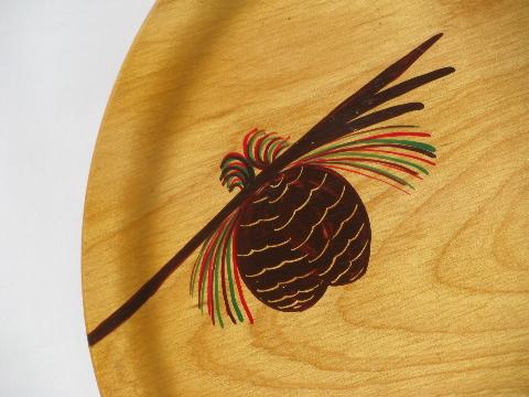 photo of hand-painted round wood tray or charger, rustic north woods pinecones #2