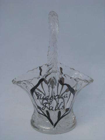 photo of hand-painted silver deposit glass basket, vintage Niagara Falls souvenir #1