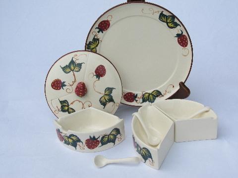 photo of hand-painted strawberries, vintage Japan condiment dish & spoons set #3