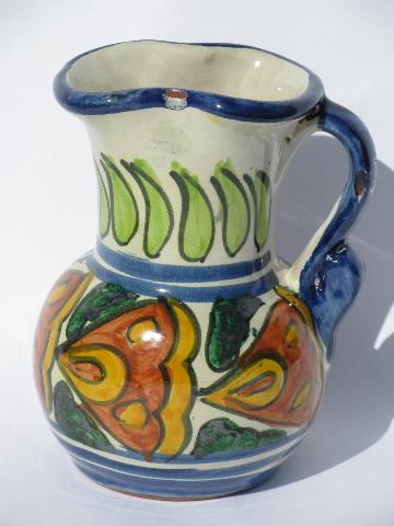 photo of hand-painted terracotta pottery pitcher w/ bright flowers, vintage Italy or Spain #1