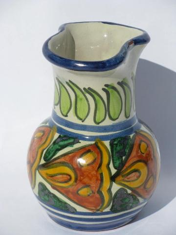 photo of hand-painted terracotta pottery pitcher w/ bright flowers, vintage Italy or Spain #2