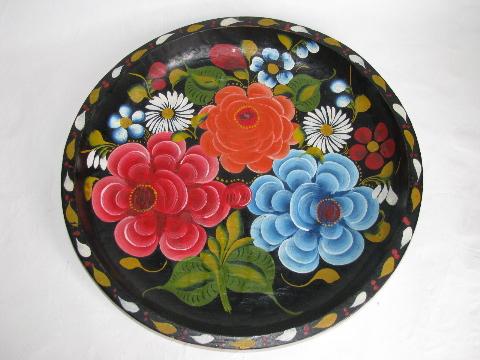 photo of hand-painted vintage wood bowl, Mexico batea tray, flowers on black, 13 1/2'' diameter #1