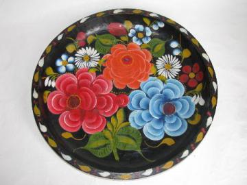 catalog photo of hand-painted vintage wood bowl, Mexico batea tray, flowers on black, 13 1/2'' diameter