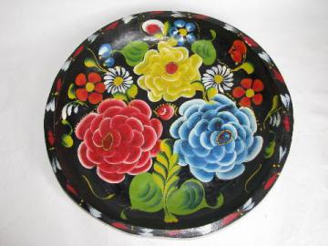 catalog photo of hand-painted vintage wood bowl, Mexico batea tray, flowers on black, 13'' diameter