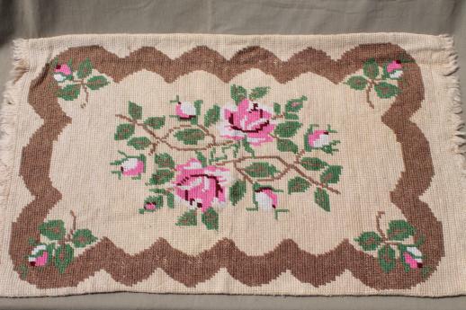 photo of hand-stitched needlepoint rug, vintage pink roses throw rug, cottage chic #1