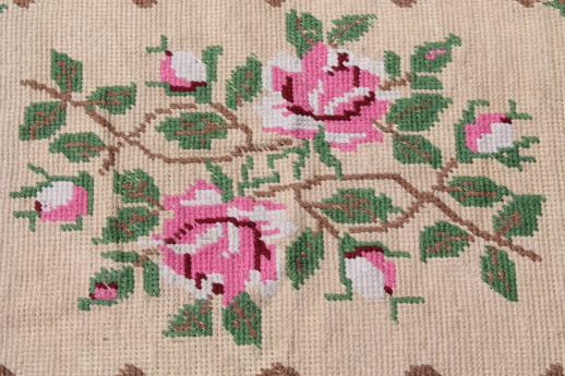photo of hand-stitched needlepoint rug, vintage pink roses throw rug, cottage chic #2