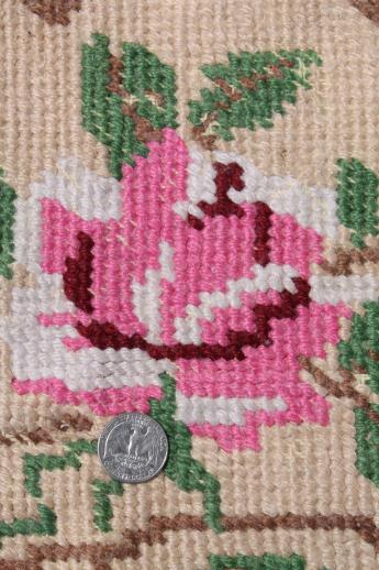 photo of hand-stitched needlepoint rug, vintage pink roses throw rug, cottage chic #3