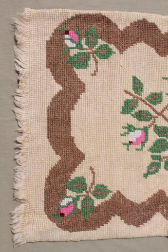 photo of hand-stitched needlepoint rug, vintage pink roses throw rug, cottage chic #4