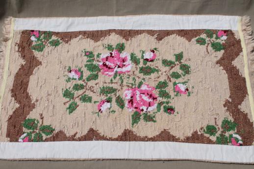 photo of hand-stitched needlepoint rug, vintage pink roses throw rug, cottage chic #5