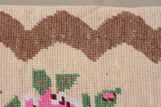 photo of hand-stitched needlepoint rug, vintage pink roses throw rug, cottage chic #7