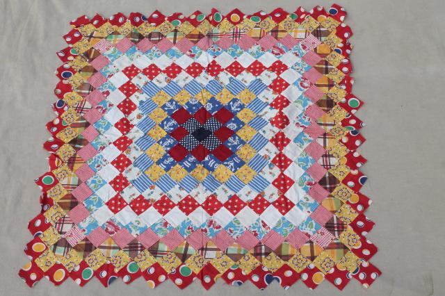 photo of hand-stitched postage stamp patchwork mini blocks quilt top, all vintage cotton print fabric #1