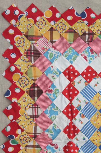 photo of hand-stitched postage stamp patchwork mini blocks quilt top, all vintage cotton print fabric #2