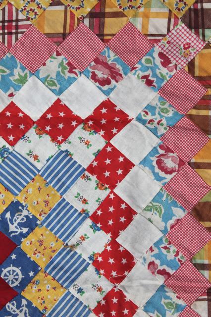 photo of hand-stitched postage stamp patchwork mini blocks quilt top, all vintage cotton print fabric #4