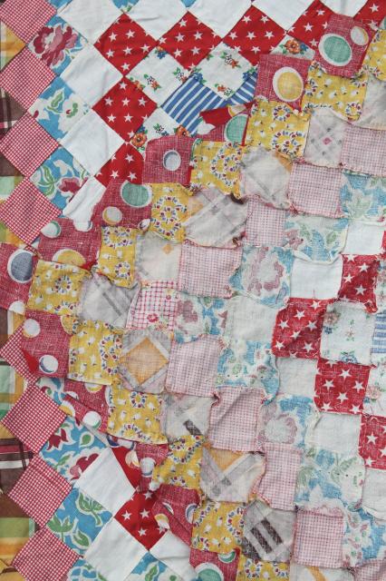 photo of hand-stitched postage stamp patchwork mini blocks quilt top, all vintage cotton print fabric #5