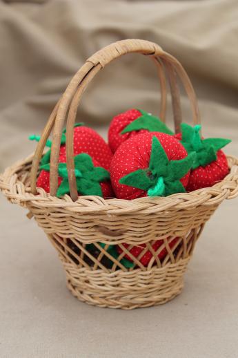 photo of hand-stitched stuffed strawberries in wicker berry basket, folk art strawberry basket #1