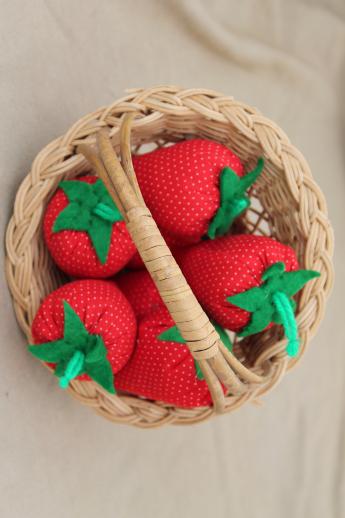 photo of hand-stitched stuffed strawberries in wicker berry basket, folk art strawberry basket #6