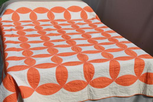 photo of hand-stitched vintage cotton quilt, circle star quilt in orange & white #3