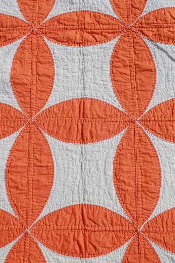 photo of hand-stitched vintage cotton quilt, circle star quilt in orange & white #4