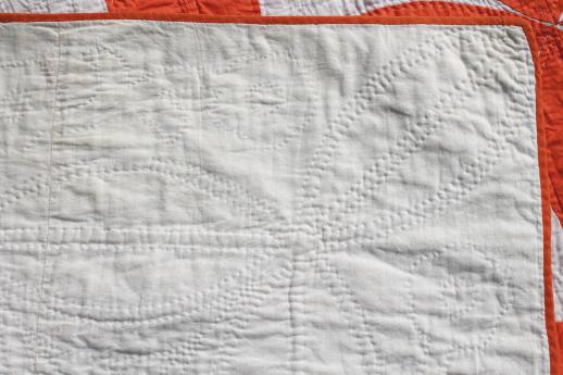 photo of hand-stitched vintage cotton quilt, circle star quilt in orange & white #6