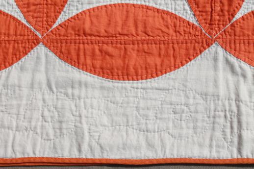 photo of hand-stitched vintage cotton quilt, circle star quilt in orange & white #7