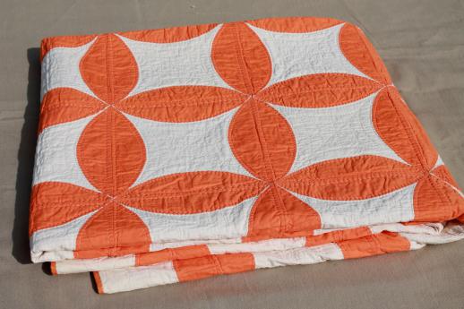 photo of hand-stitched vintage cotton quilt, circle star quilt in orange & white #8