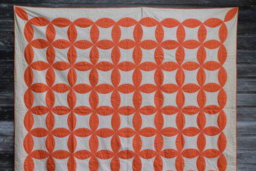 photo of hand-stitched vintage cotton quilt, circle star quilt in orange & white #9