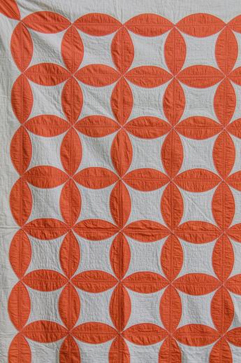 photo of hand-stitched vintage cotton quilt, circle star quilt in orange & white #10