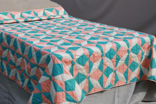 photo of hand-stitched vintage cotton quilt, pinwheel star quilt in apricot & aqua #1