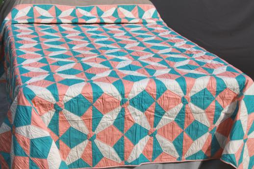 photo of hand-stitched vintage cotton quilt, pinwheel star quilt in apricot & aqua #2