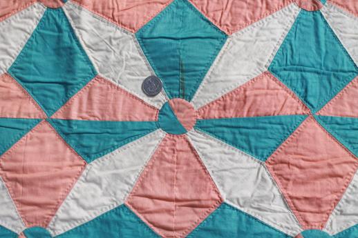 photo of hand-stitched vintage cotton quilt, pinwheel star quilt in apricot & aqua #3