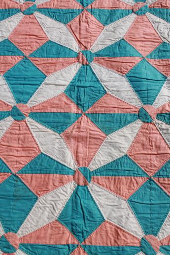 photo of hand-stitched vintage cotton quilt, pinwheel star quilt in apricot & aqua #5