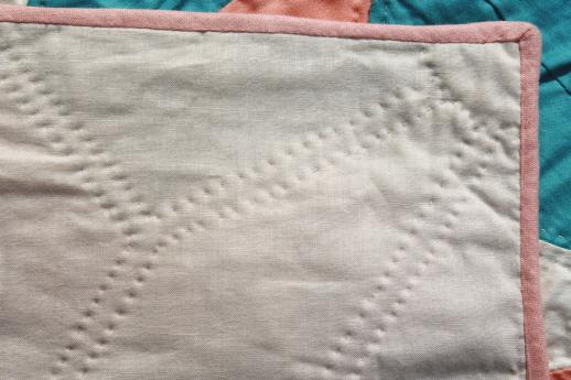 photo of hand-stitched vintage cotton quilt, pinwheel star quilt in apricot & aqua #6