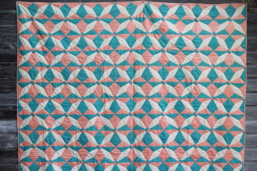 photo of hand-stitched vintage cotton quilt, pinwheel star quilt in apricot & aqua #7