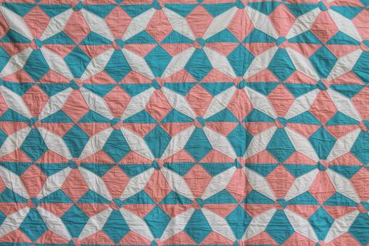 photo of hand-stitched vintage cotton quilt, pinwheel star quilt in apricot & aqua #8