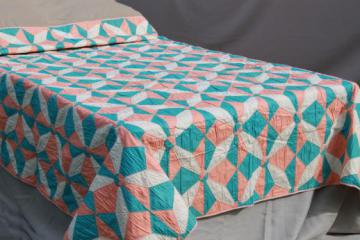 catalog photo of hand-stitched vintage cotton quilt, pinwheel star quilt in apricot & aqua