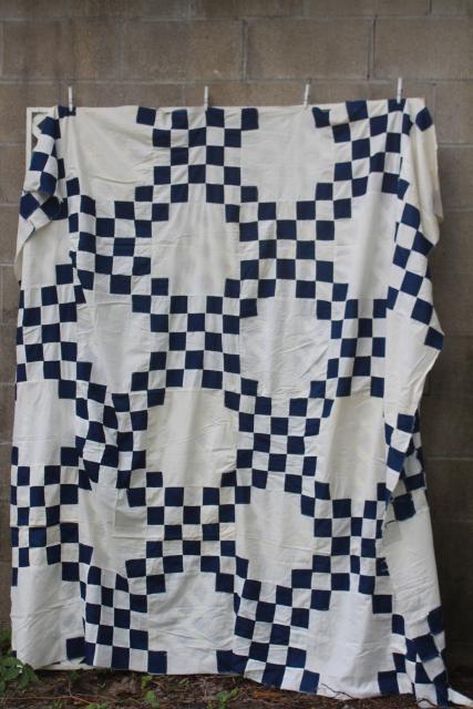 photo of hand-stitched vintage patchwork quilt top, country primitive checkered navy blue white #1