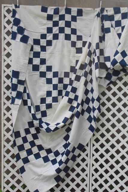 photo of hand-stitched vintage patchwork quilt top, country primitive checkered navy blue white #3