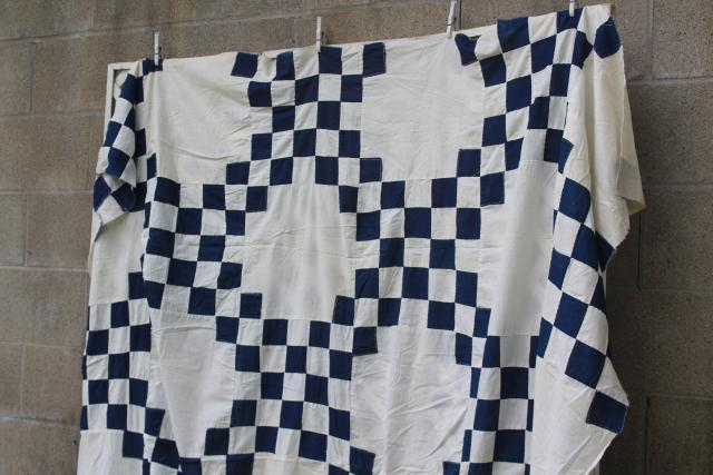 photo of hand-stitched vintage patchwork quilt top, country primitive checkered navy blue white #4