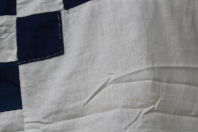 photo of hand-stitched vintage patchwork quilt top, country primitive checkered navy blue white #8